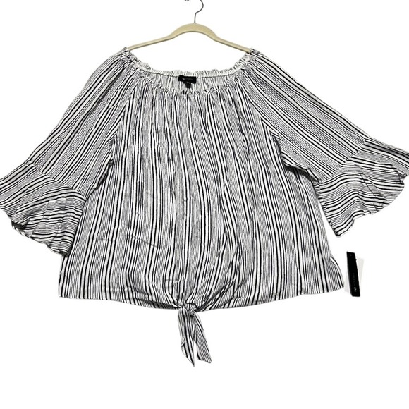 NEW AB Studio Woman 3X Striped Tie Front Off Shoulder Flounce Sleeve Top Blouse - Picture 1 of 12